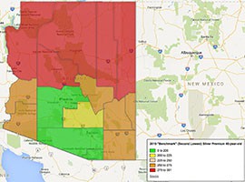 Monthly Obamacare premiums are low in Arizona, but vary widely across the state. Residents of counties in red could pay close to twice what those in green counties can expect to pay. Click on the map for details about each county.