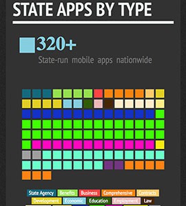 The National Association of State Chief Information Officers says states now offer services through more than 320 mobile apps in categories ranging from finding polling places to streaming events. Click on the graphic for more details.
