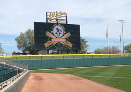 The 56-by-29-foot scoreboard is the centerpiece of the Hohokam Stadium renovation.