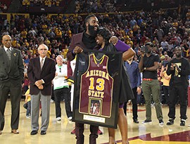 Former ASU men’s basketball star James Harden shares a special moment with his mother as he gets his number retired at Wells Fargo Arena.