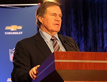 Bill Belichick, head coach of the Patriots, speaks at a press conference after the team's Super Bowl win.