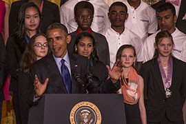President Barack Obama celebrates the accomplishments of more than 100 students at the fifth annual White House science fair.