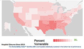 Forty-eight rural hospitals, marked by an X, have closed since 2010, says the National Rural Health Association. It says 35 percent of the remaining rural hospitals are vulnerable to closure, with states that are more red at highest risk.