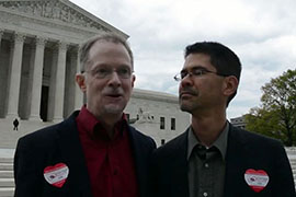 John Lewis, left, and Stuart Gaffney stand outside the Supreme Court, which is set to take up arguments on same-sex marriage. Lewis and Gaffney - now married - were plaintiffs in California's 2008 lawsuit that allowed same-sex marriage.