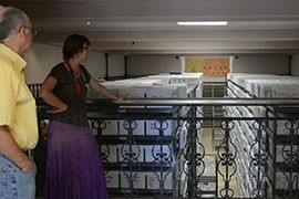 Suzanne Eckert and John McClelland look down on hundreds of boxes from past archaeological digs that are part of the Arizona State Museum collection.
