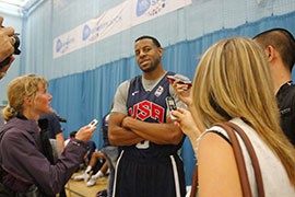 Andre Iguodala takes time during Team USA Men's Basketball practice to talk to reporters about upcoming games.