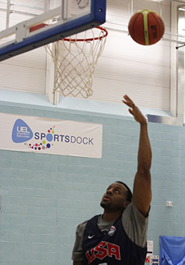Andre Iguodala shoots the ball during practice at the University of East London on Monday, July 30, 2012.