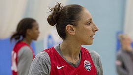 US women’s basketball player Diana Taurasi practices at the University of East London on Sunday, July 29, the day after the Olympic team won their opening game against Croatia. Taurasi also plays for the Phoenix Mercury.
