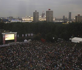 Nearly 20,000 Olympic fans went to Victoria Park in London Friday, July 27, 2012 to watch the opening ceremony on giant viewing screens. Victoria Park is just a few miles from Olympic Park where the ceremony took place.