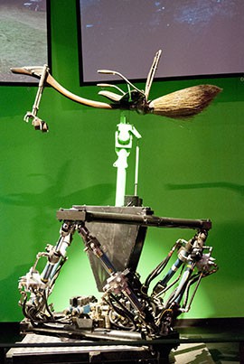 One of the rigs used to simulate flying in the Harry Potter movies is on display at the Warner Bros Studio Tour London, The Making of Harry Potter. In the fictional world of Harry Potter, the main sport is quidditch, a game in which players fly around on broomsticks and score points using a variety of balls and hoops.