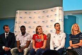 (From left to right) Timo Lume; Tyson Gay, Kerri Walsh Jennings, Robbie Grabarz, and Paula Radcliffe represent P&G on Thursday, August 9, 2012.