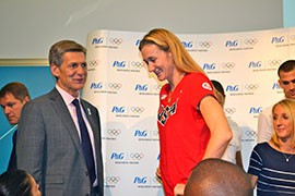 Marc Pritchard and Kerri Walsh Jennings speak with press on Thursday, August 9, 2012.