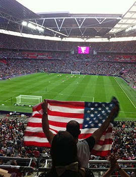U.S. fan shows his American pride as Carli Lloyd puts Team USA up 1-0 in the first half.