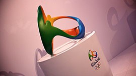 The Rio de Janeiro Summer Olympics 2016 logo is displayed in Casa Brazil on Tuesday, August 7, 2012.