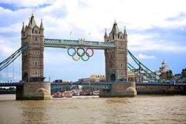 Tower Bridge stands decorated for the London 2012 Olympics on Monday, August 6, 2012.