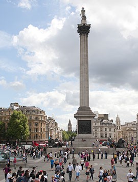 Trafalgar Square, a very popular gathering point just a few hundred feet away from the exact center of London, is a must-see on a tour of the city.