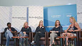 (Left to right) Teresa Edwards, Kim Rhode, Mariel Zagunis, Natalie Coughlin and Esther Lofgren talk about the 40th anniversary of Title IX and the role of women in sports. Collectively they hold 26 Olympic medals, including 13 gold.